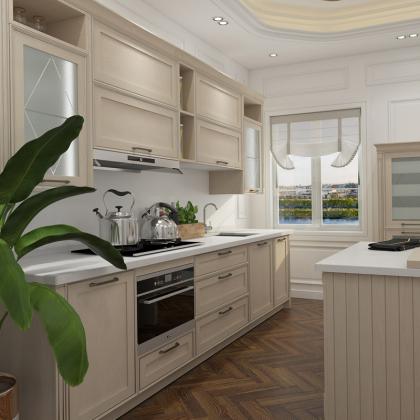 Classic Beige color luxury design PVC kitchen cabinet with storage accessories