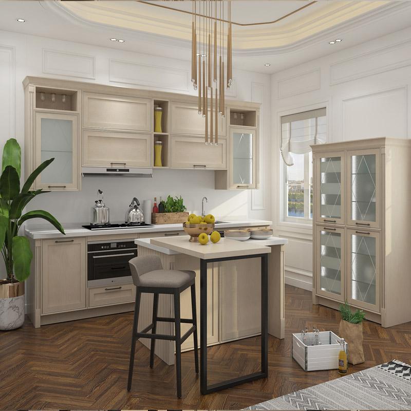 Classic Beige color luxury design PVC kitchen cabinet with storage accessories