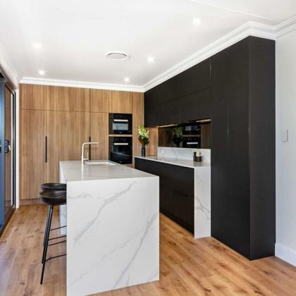 Black matte lacquer and walnut wood grain melamine modern kitchen